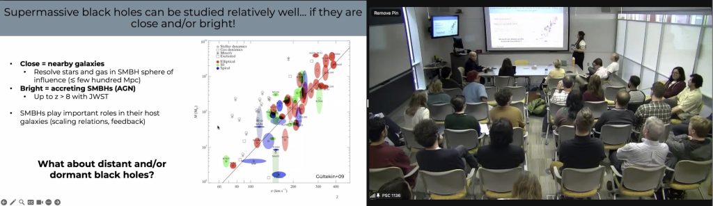 screenshot of zoom presentation of dissertation defense. Left-hand panel shows powerpoint slide with amazing M-sigma plot. Right-hand panel shows room where defense is happening.